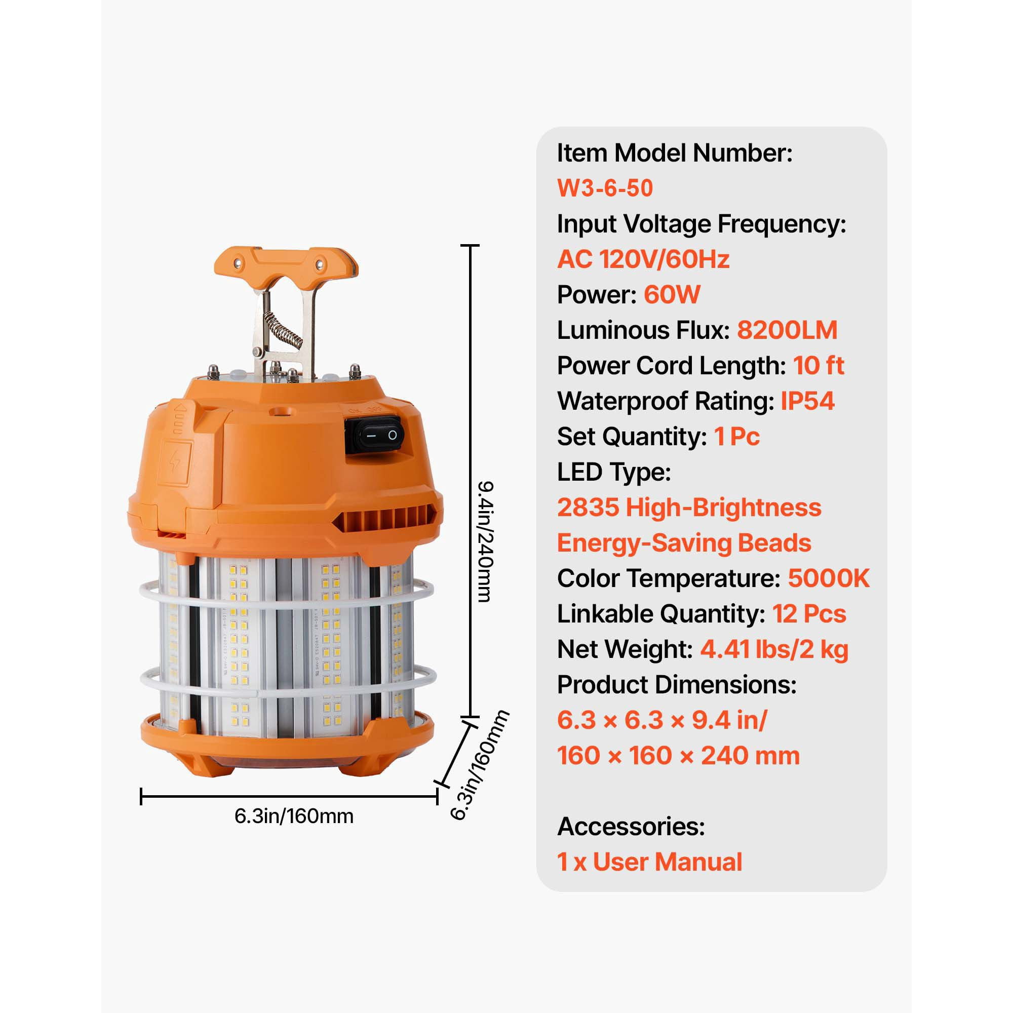 LED Temporary Work Light 60W 8200lm 360° Illumination Linkable with Metal Guard for Construction Site