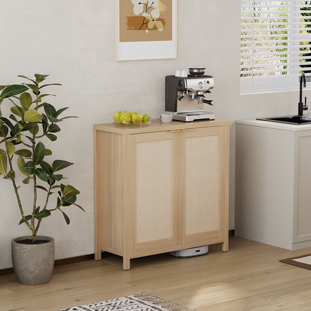 QinaQin Aparador buffet con almacenamiento, consola para café o licores con repisas ajustables y puertas decoradas en ratán boho