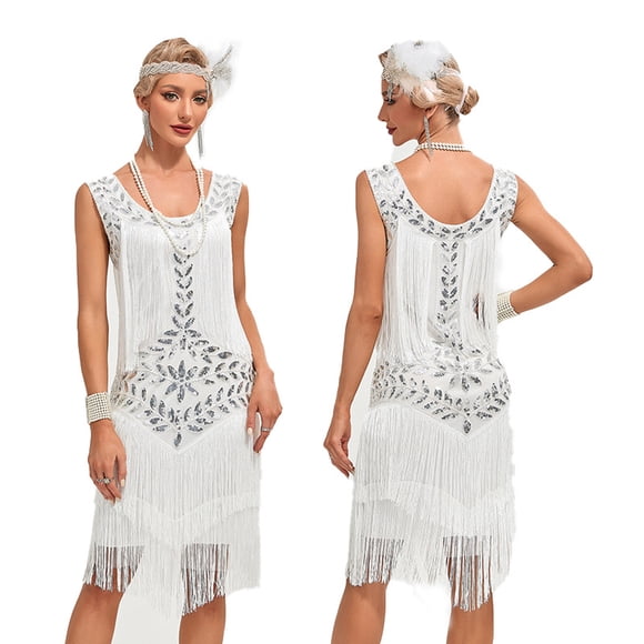 1920s Vintage Dress Summer Fringe Beaded Great Gatsby Flapper Evening Dress Party Cocktail Prom,XL,White