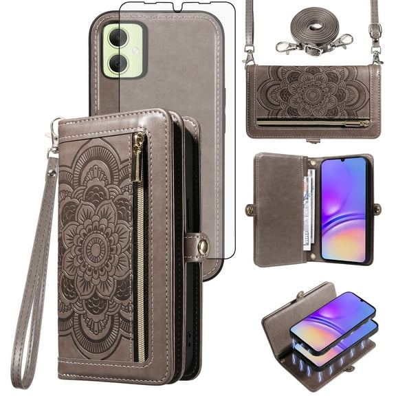 Asuwish Phone Case for Samsung Galaxy A05 Zipper Wallet Detachable Cell Cover with Tempered Glass Screen Protector Crossbody Lanyard Strap Flower Flip Card Holder Slot Ao5 A 05 Women Men Girls Gray