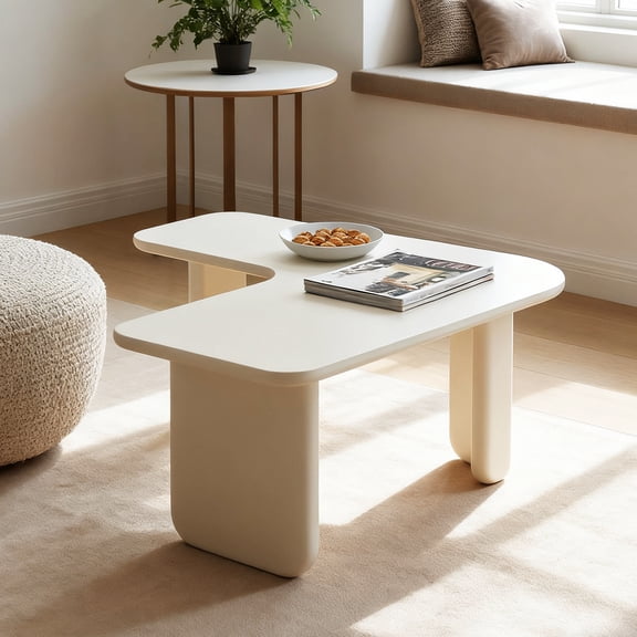 FFZ 35.43" L-Shape Modern Coffee Table New-Upgraded, Drinking Side Table for Sofa Couch, Space-Saving Center Table for Living Room Apartment, White