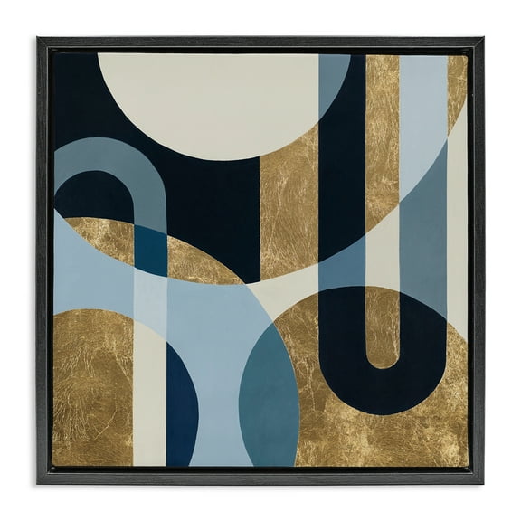 Stupell Industries Gold & Blue Circular Shapes Abstract Painting Black Floater Framed Canvas Art Print Wall Art, 18 x 18