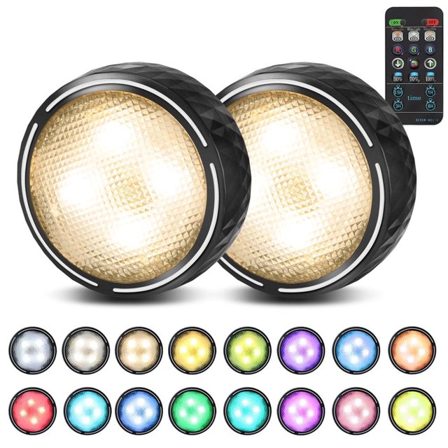 DEBGFS LED Puck Lights Battery Operated LED Under Cabinet Lighting Wireless Stick on Tap Lights with Remote Controll Color Changing Timer Function for Cabinets Shelves Closets - 6Pack,black,2