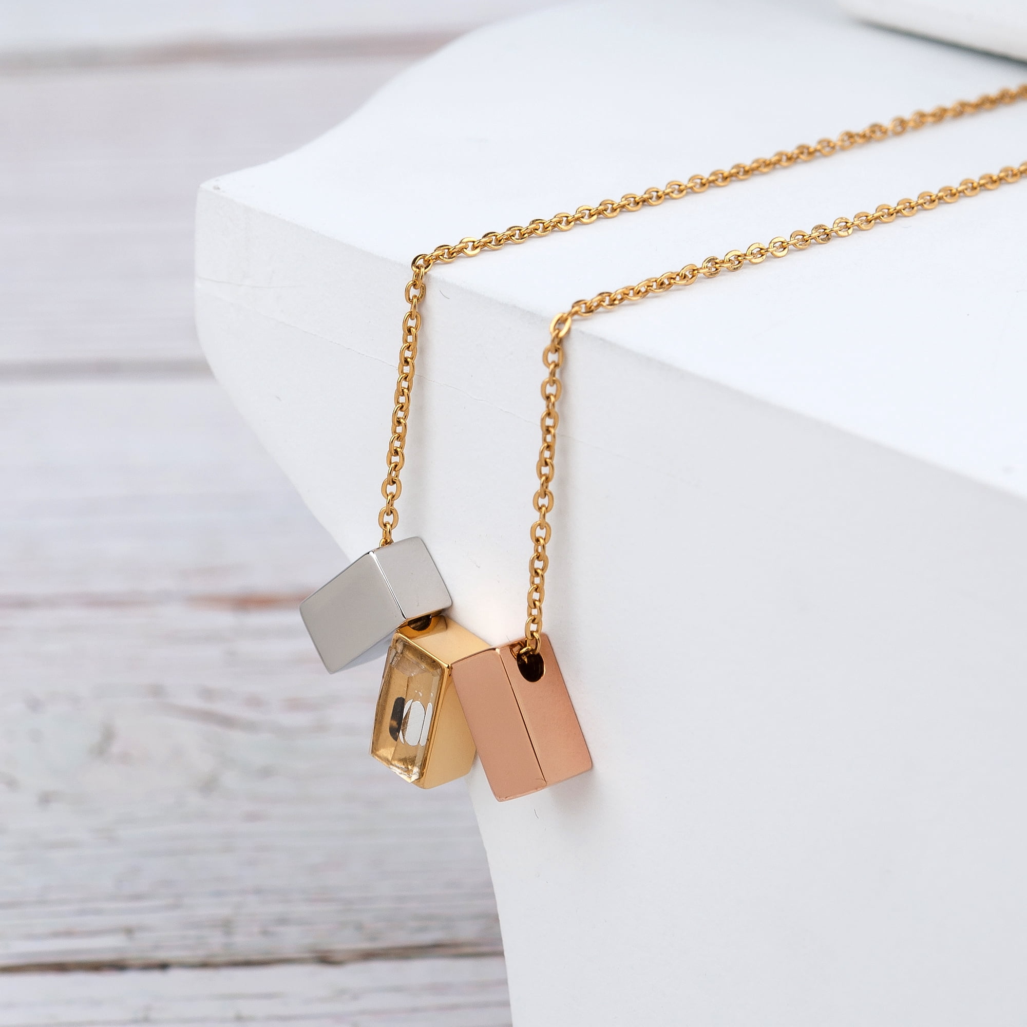 Anavia See You Cremation Necklace for Ashes, Mini See Through Urn Necklace, Mini Cube Cremation Pendant, Cremation Jewelry, Memorial Jewelry, Mini Urn w/ Multicolor Cubes-[Silver & Gold & Rose Gold]