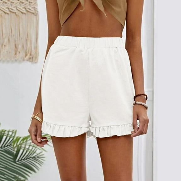 Aayomet Womens Shorts Shorts Elastic Color Solid Cotton High Waist Linen Loose Wide Ladies Leg Flowy Shorts For Women White,L