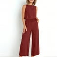 thumbnail image 2 of Women's Summer Cotton Linen Two Piece Casual Sets Sleeveless Tank Tops with High Waist Wide Leg Palazzo Pants Solid Loungewear Wine,L, 2 of 7