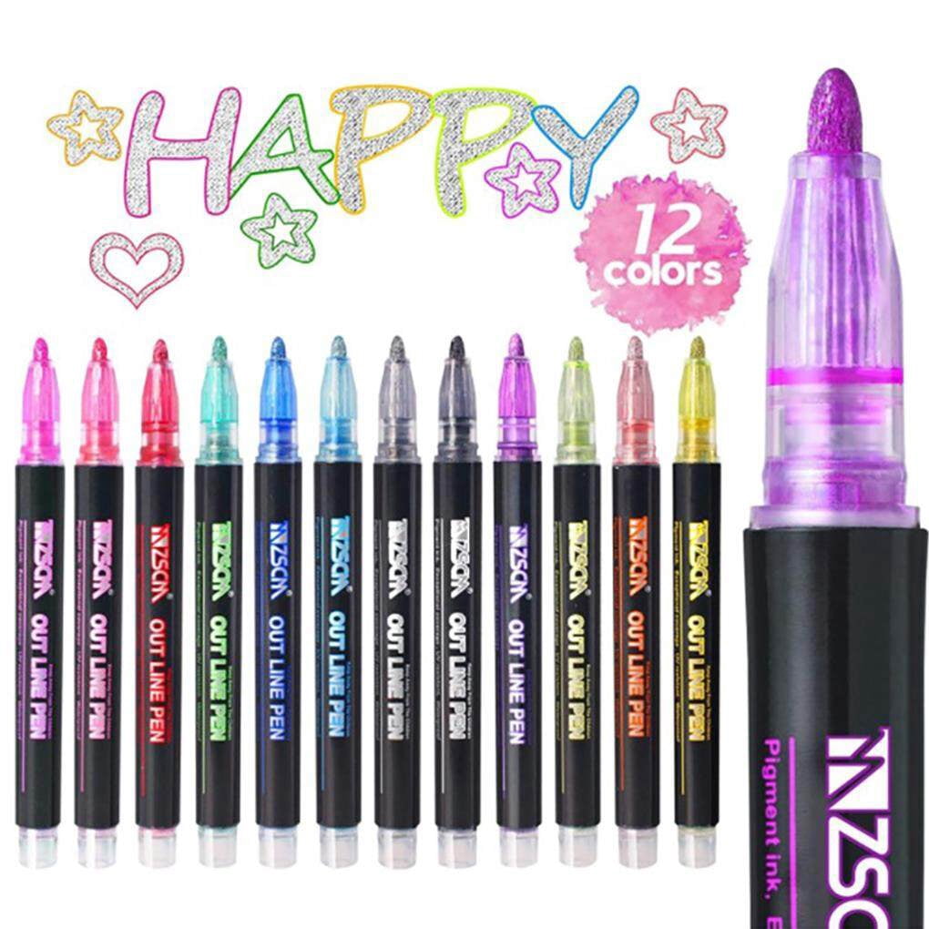 thinsony Outline Metallic Marker Pens 12 Colors Double Line Marker Pens Writing Drawing Highlighter Marker Pen for School Office