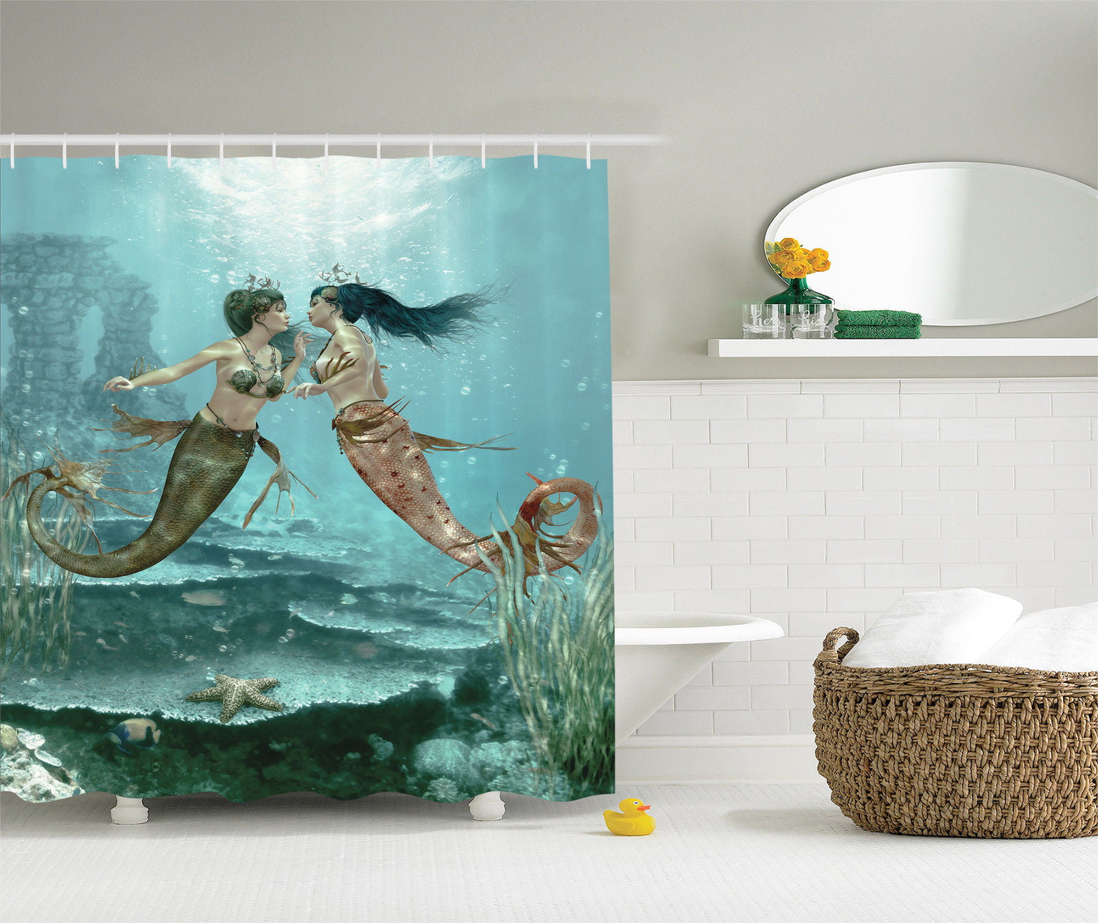 Shower Curtain Bathroom Hooks Set Teal Mermaid Sea Print Cartoon Home Art Decor 