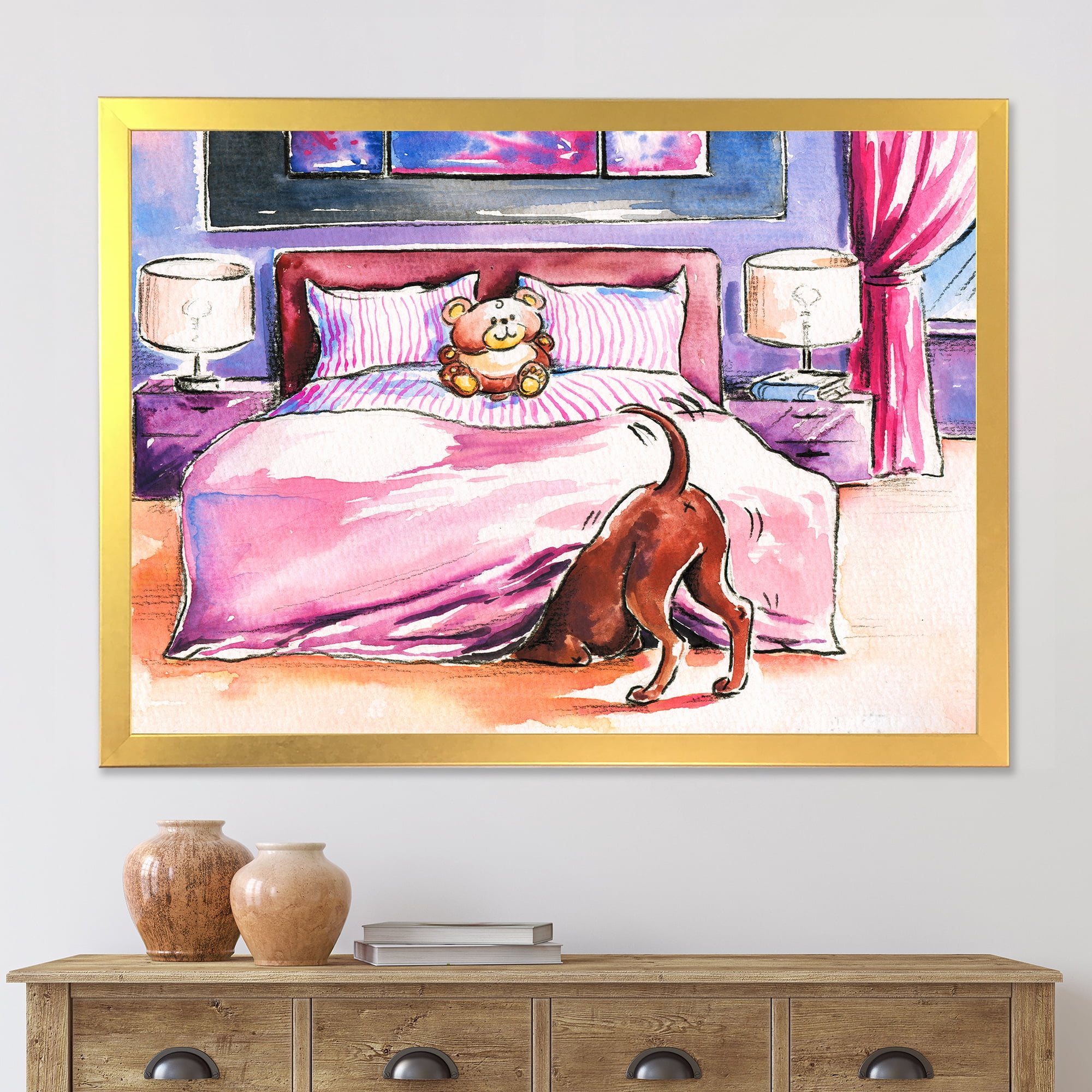 Designart 'Brown Dog Looking Under the Bed and Teddy Bear' Farmhouse Framed Art Print