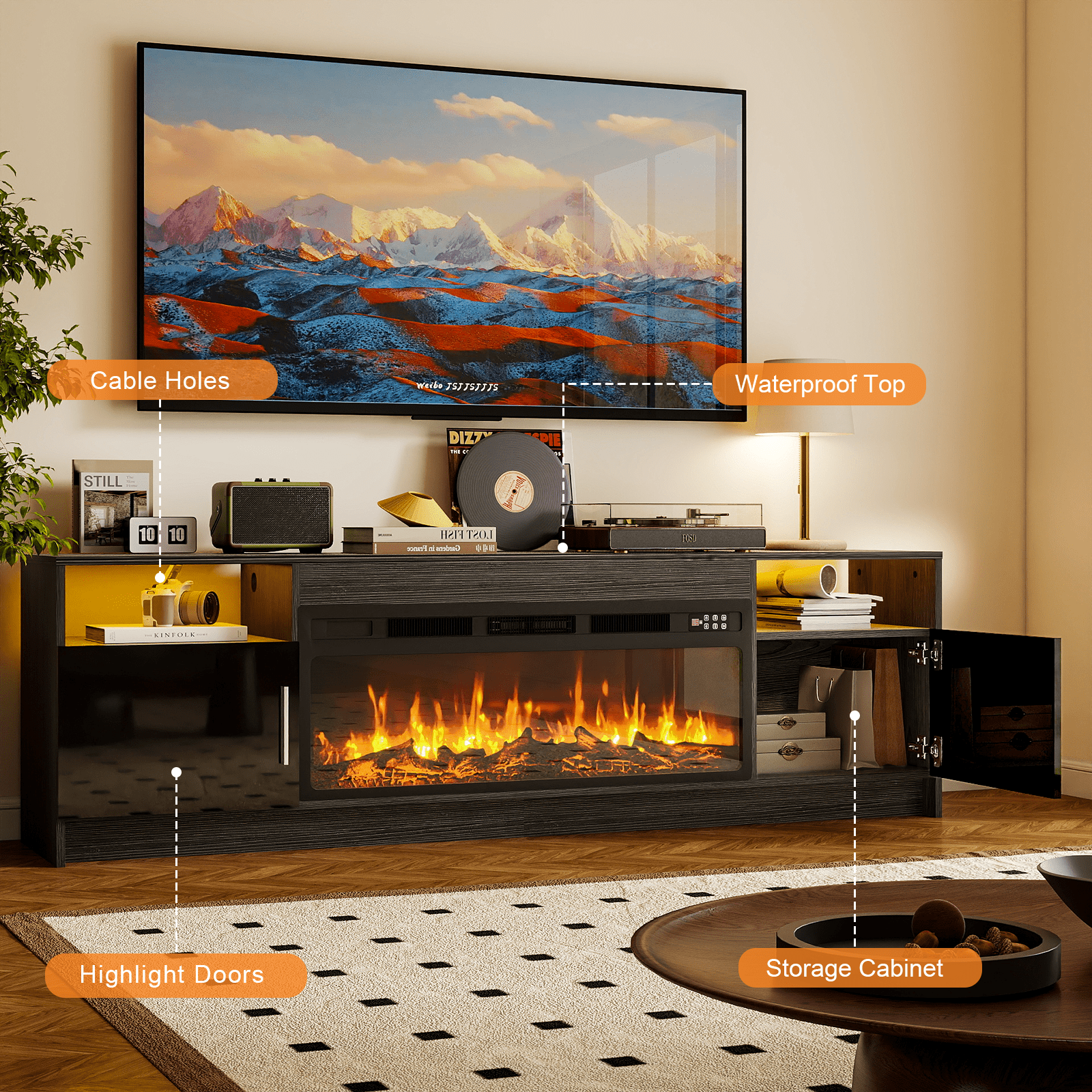 Rocyis 70” TV Stand with 3D Realistic Log Flame Electric Fireplace, Entertainment Center for TVs Up to 80-Inch, Modern TV Console with High Glossy Doors & LED Lights, Black
