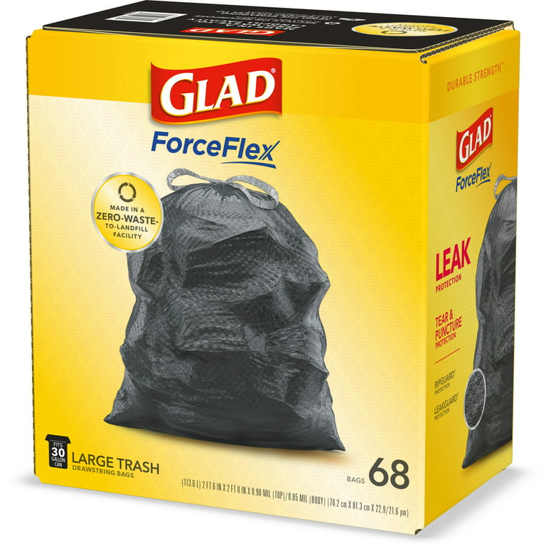 Glad Large Drawstring Trash Bags – ForceFlexPlus 30 Gallon Black Trash Bag  - 25 Count Each (Pack of 6)