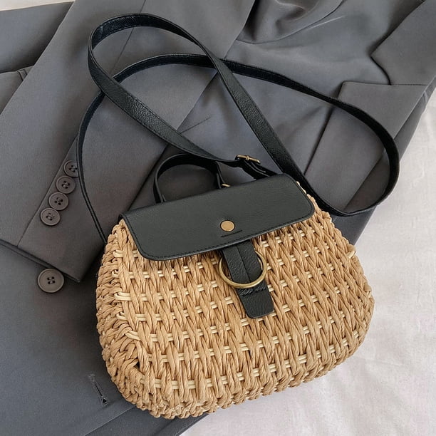 Bolso de ganchillo para mujer, bolso de hombro de cuero PU, bolso de playa de verano para mujer (negro)