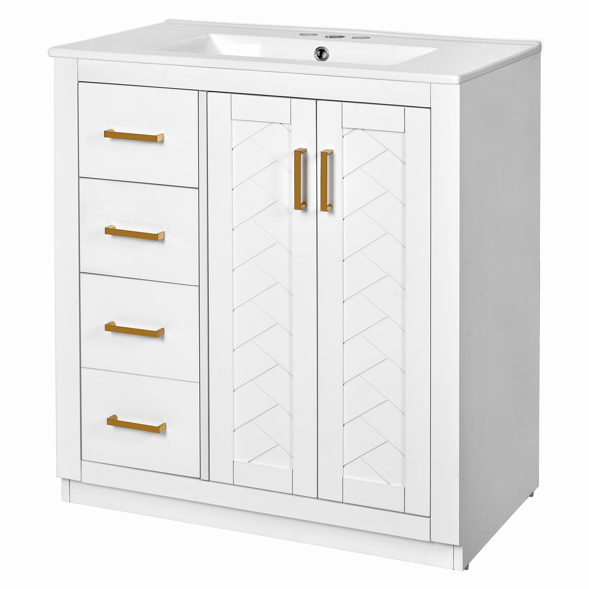 SogesPower 30" Bathroom Vanity with Ceramic Sink, Solid Wood Bathroom Makeup Cabinet with One Cabinet and 3 Drawers, FreeStanding Single Basin Vanity Set for Bathroom, White