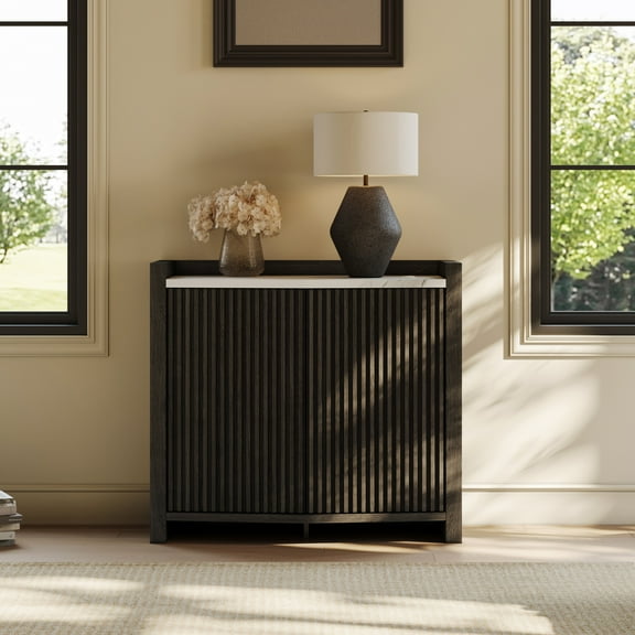 BELLEZE Modular Sideboard Buffet Cabinet with Storage, 35 Inch Modern Credenza With Doors And Adjustable Shelves, Fluted Black Console Table With Marble Panel for Kitchen, Entryway, Dining Room