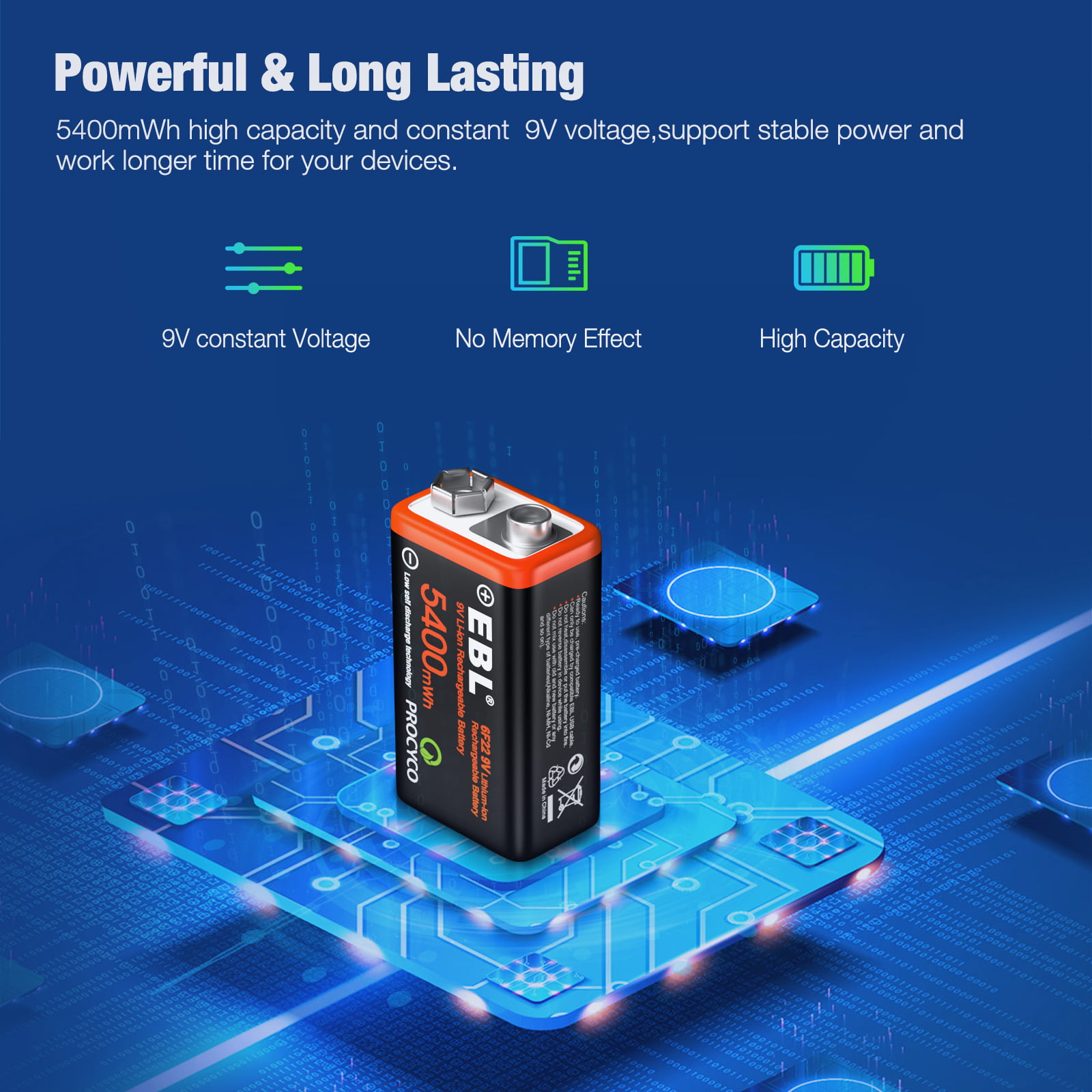 EBL 4PCS 5400mWh 9 Volt USB Rechargeable 9V Lithium LI-ion Battery Batteries
