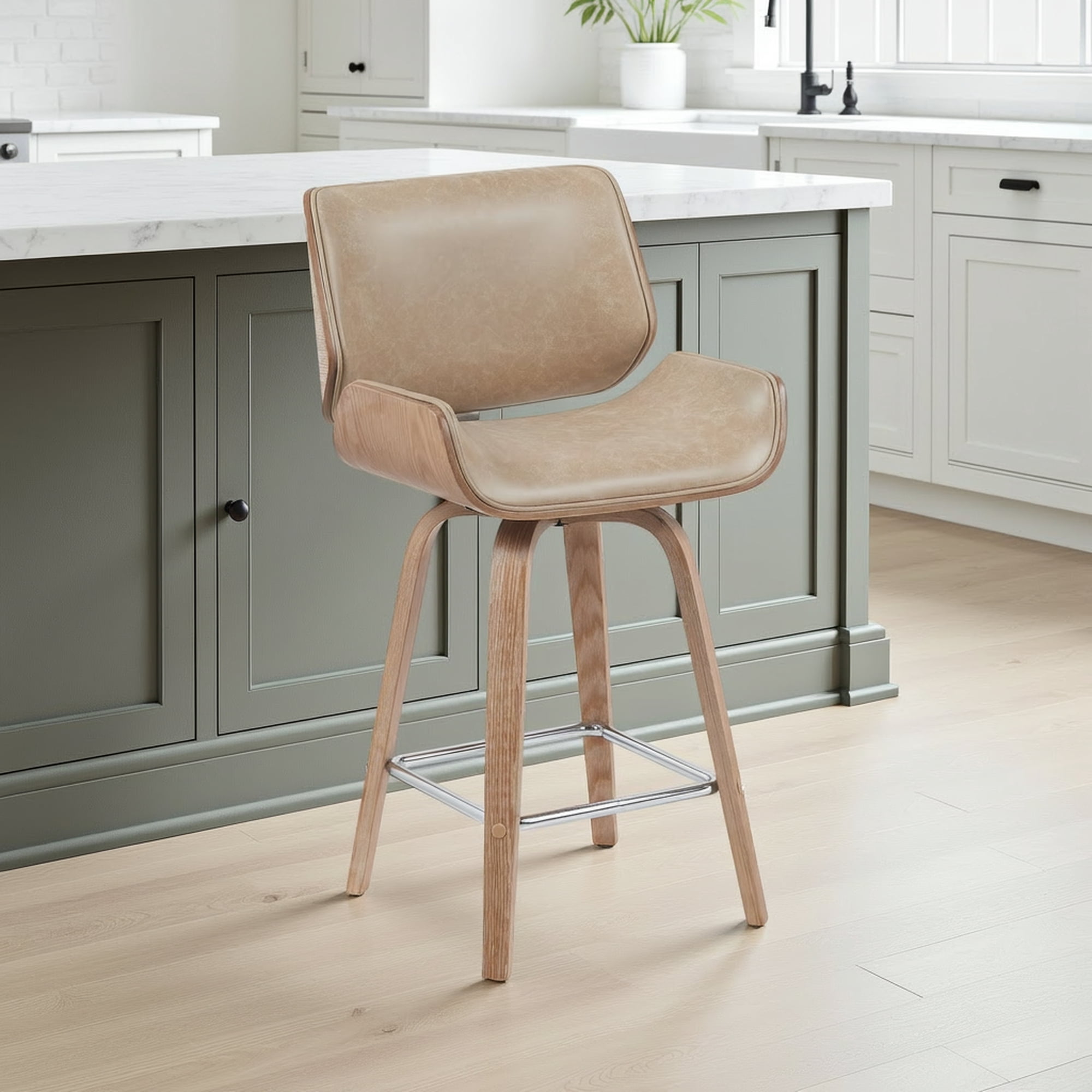Tyler Modern Counter Height Swivel Bar Stool with White Wash Finished Wood and Vintage Brown Upholstery