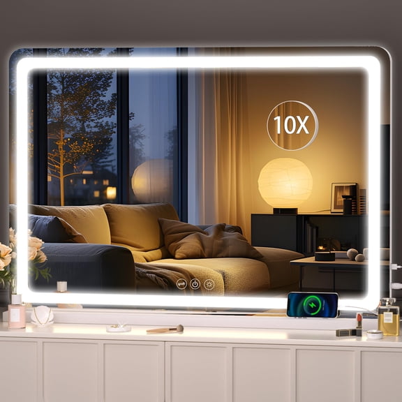 Hasipu 37.4" x 26" LED Vanity Mirror with Touch Screen Control Lighted Makeup Mirror with Dimmable 3 Modes Round White Frame