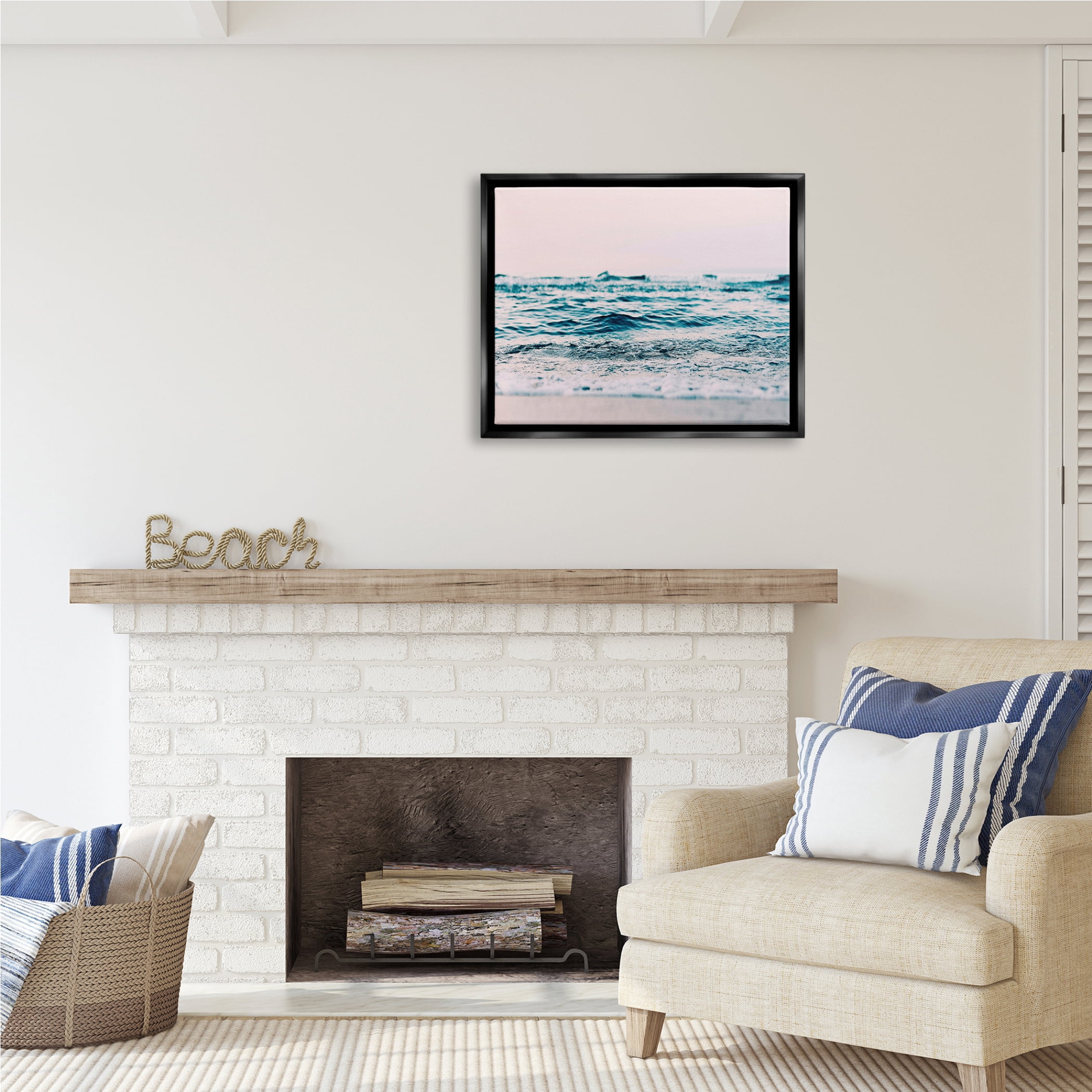 Stupell Industries Pink Sunrise Sea Waves Nature Photography Black Floater Framed Art Print Wall Art, 31 x 25