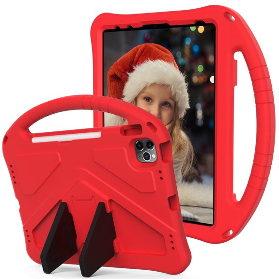 Case Compatible With iPad Pro 11"(2022/2021/2020/2018)/Air4 10.9"/Air5,Kids Friendly,With Handle and Contractible Kickstand,Lightweight Shockproof Rugged EVA Drop-proof Anti-fall Cute Cover Case,Red