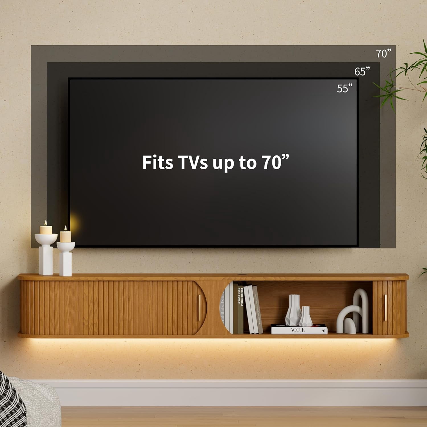 63" Floating TV Stand with Power Outlet for TVs up to 70", Mid Century Modern TV Console with RGB LED Lights, Fluted Entertainment Center With Sliding Door for Living Room, Yellow Walnut