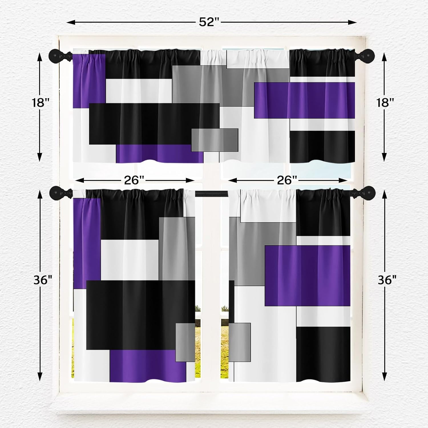 Purple Kitchen Curtains Black Grey Window Curtains Valance and Tier Set 36 Inch, White Modern Rod Pocket Short Tier Curtain for Bathroom, Abstract Art Small Cafe Curtains for Decor