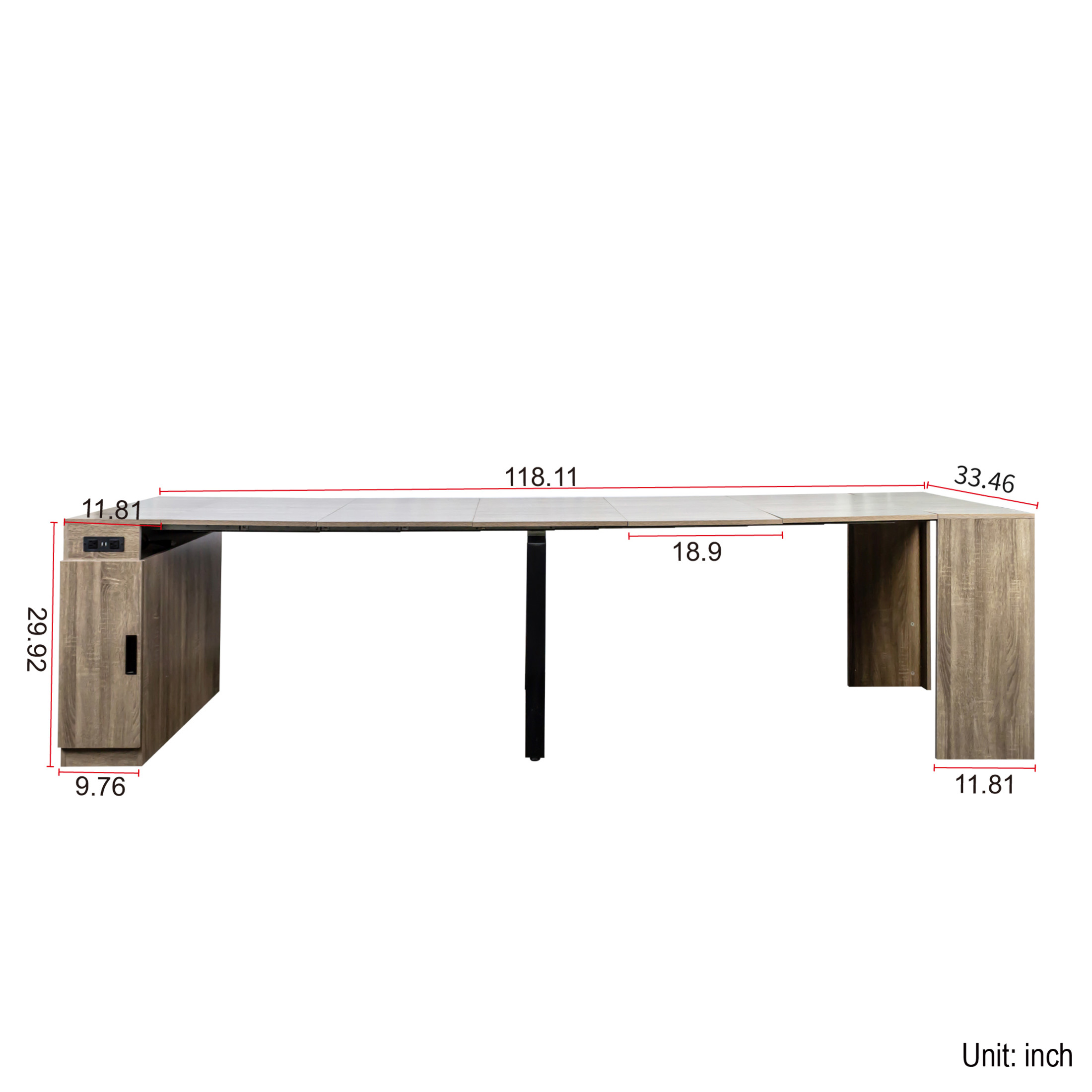 Noble House 118" Extendable Dining Table, Console-to-Table with Outlet, 5 Leaves & Panel Storage, Brown