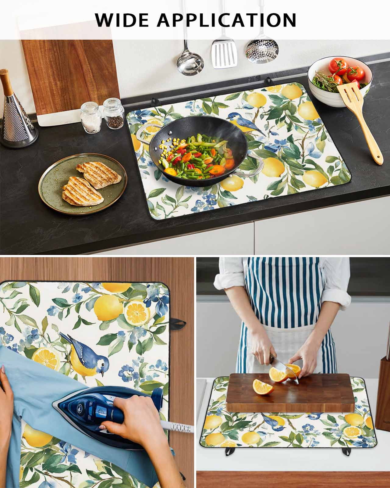 nqOlkjepod Large Induction Cooktop Protector Mat 24"x21", Lemon Bird Stove Top Covers for Electric Stove, Watercolor Yellow Green Foliage Flower Leaf Stove Burner Cover Mats, Glass Top Stove Cover