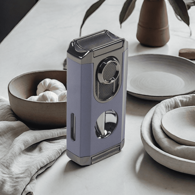 1 Premium Triple Jet Flame Torch Lighter with Built-In Cigar Punch and Top Holder – Sleek V-Cut Tool Design, Windproof Blue Flame, Refillable Butane, Ideal for Cigar Enthusiasts