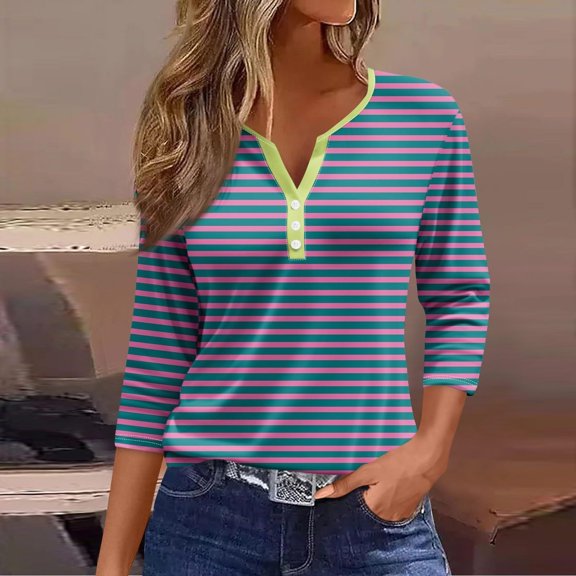 Gifts for Women Her Ofreoo Women's Fashion Printed Short 3/4 Sleeve Blouse Round Neck Casual Tops Going Out Tops for Women