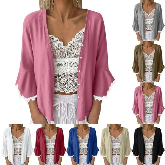 FRSASU Womens Lightweight Cardigan Sweaters Open Front 3/4 Sleeve Knit Flared Cuffs Lace Cotton Linen cardigan White XL(XL)