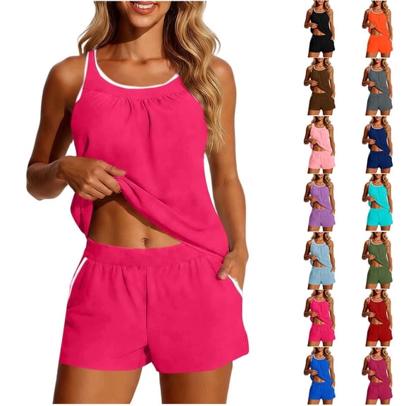 Women's 2 Piece Tankini Set Modest Quick Dry Beach Swimsuit Crew Neck Tank Tops High Waist Pockets Shorts (XL, Hot Pink)