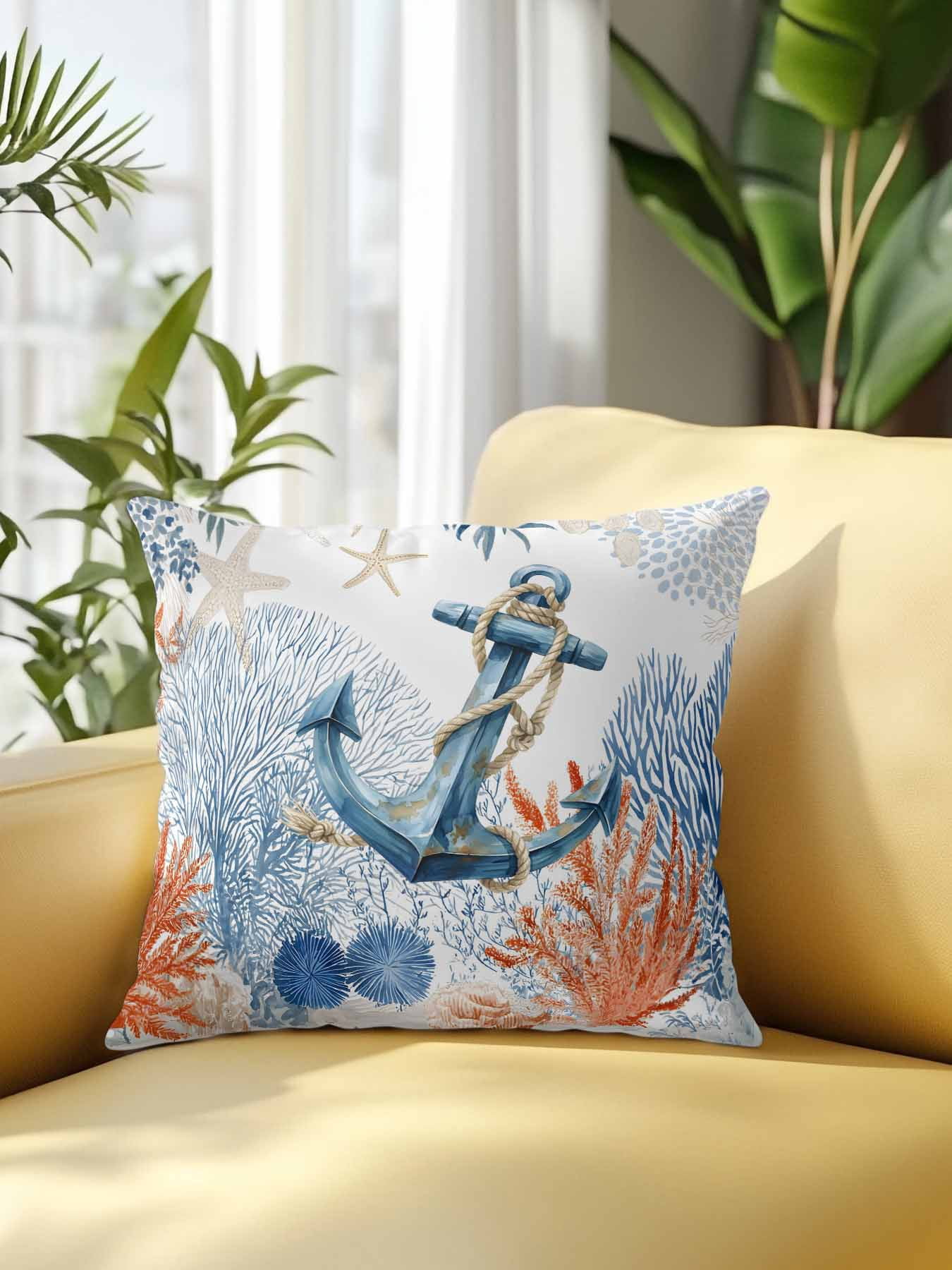 1 Pack Outdoor Throw Pillow, Nautical Anchor Waterproof Pillow with Insert Included, Blue Coastal Starfish Coral Leaves Decorative Accent Cushion Sofa Pillows for Patio Porch, 16 x 16 In