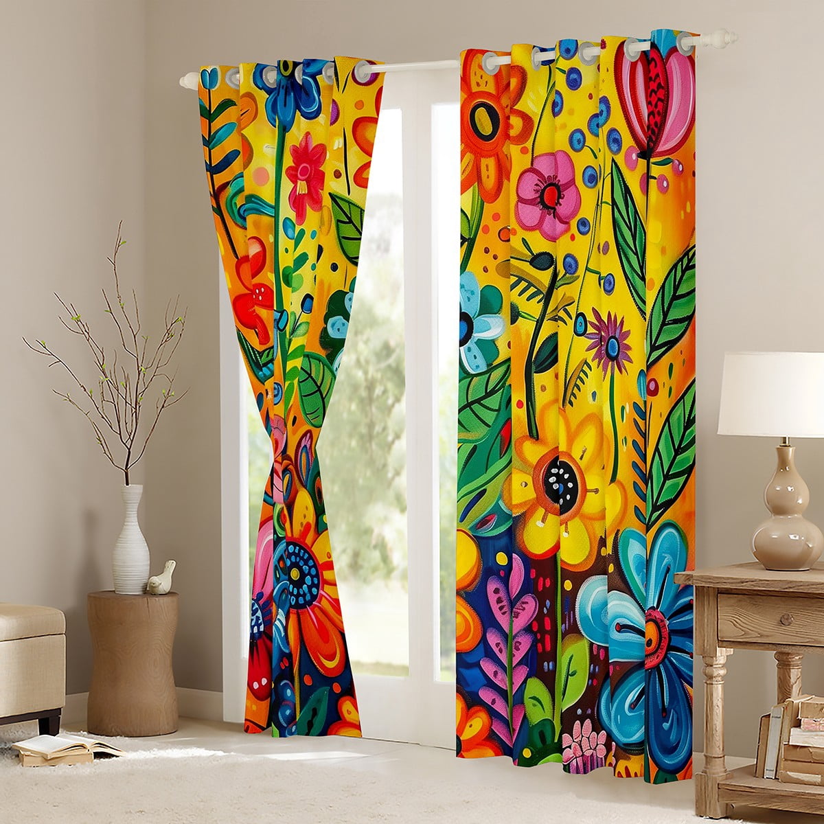 Manfei Boho Groovy Flower Curtains Pack of 2 (42x84), Hippie Rustic Floral Black Out Curtains, Mandala Style Blackout Curtains for Bedroom, Window Treatments Room Decorative