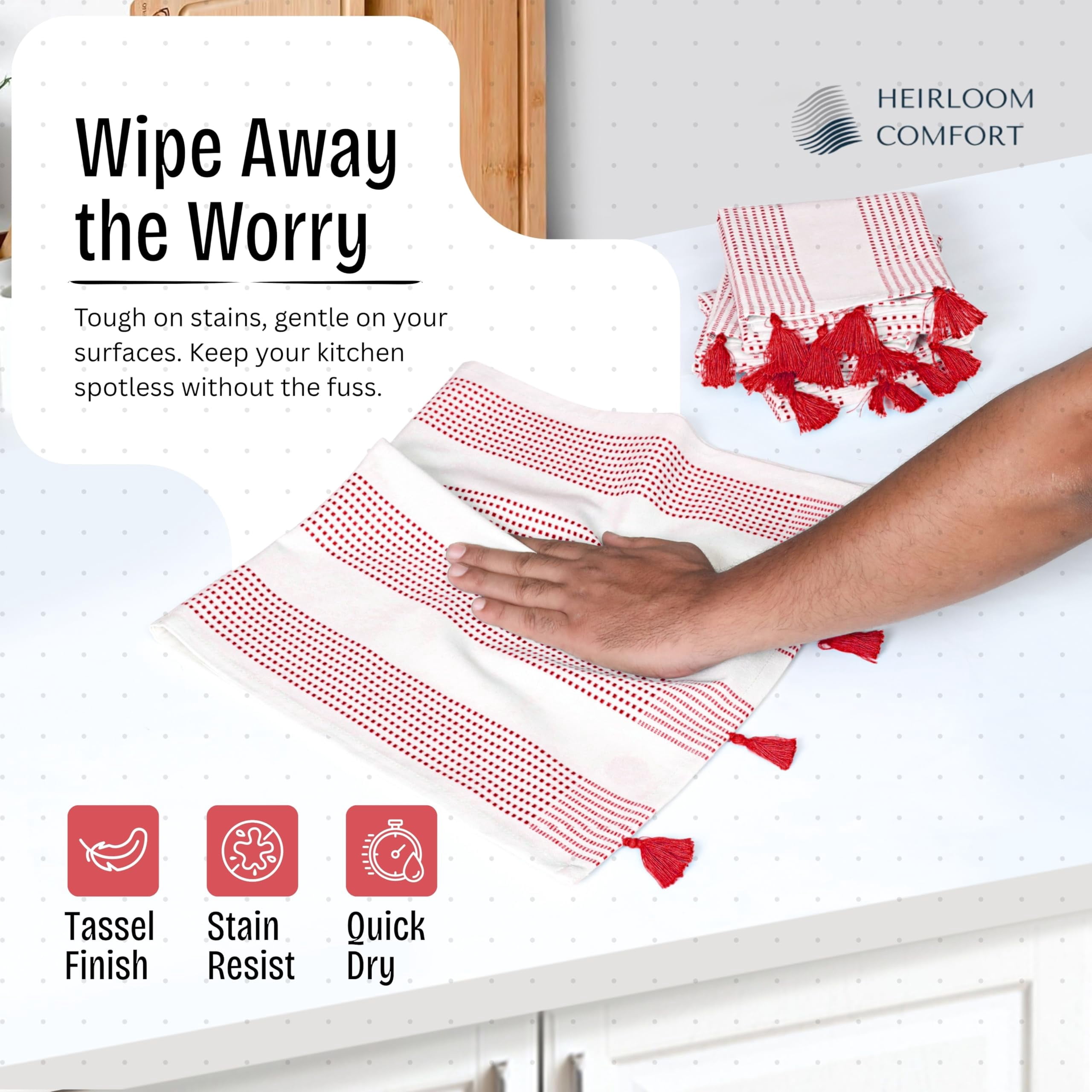 HEIRLOOM COMFORT Red Decorative Dotted Kitchen Towels 16x26 Inch, 12 Pack, 100% Cotton, Super Absorbent & Soft, Fast Dry Dish Towels with Tassels for Cleaning, Drying Dishes, and Daily Use