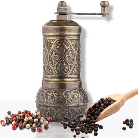 Salt and Black Pepper Grinder, Refillable Spice Grinder, Authentic Vintage Turkish Pepper Mill Decorative, 4.2 Inches in Height, Antique Gold