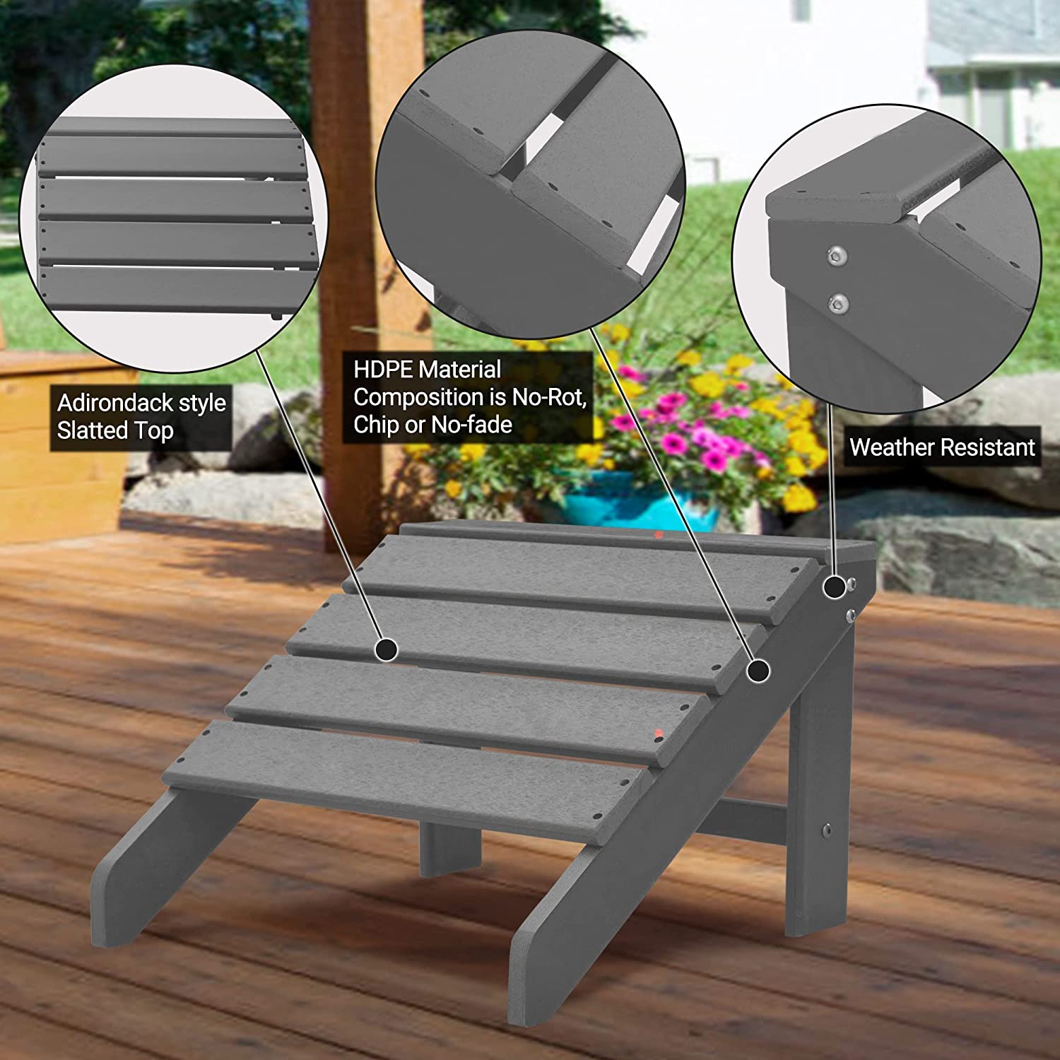 FHFO Adirondack Ottoman and Side Table for Adirondack Chairs, 2 Pieces Outdoor Adirondack Footrest & 1 Piece End Table, Weather Resistant Footstool Table for Adirondack Chair （Grey） - image 3 of 5