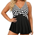 thumbnail image 4 of Women's Plus Size Tankini Top Tummy Control Ruffled Deep V-Neck Swimdress Summer Fall Casual Seaside Beach Color Block Swimsuit,Navy,14, 4 of 7