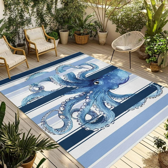 Fsddascl Ocean Octopus Outdoor Rug for Patio/Deck/Porch, Non-Slip Large Area Rug 4 x 6 Ft, Watercolor Navy Blue Aqua Stripe Modern Indoor Outdoor Rugs Washable Area Rugs, Camping Rug Carpet