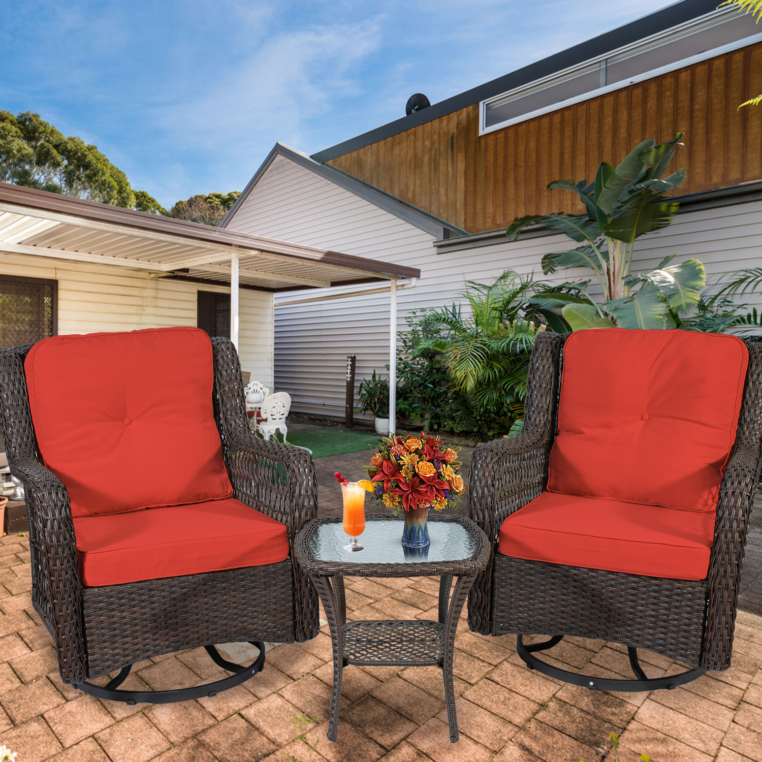 3-Piece Rattan Wicker Stainless Chat Set with Swivel Rocking Chairs Coffee Table for Indoor Outdoor Space Deck Porch Patio Conversation Bistro Set Rust - image 3 of 19