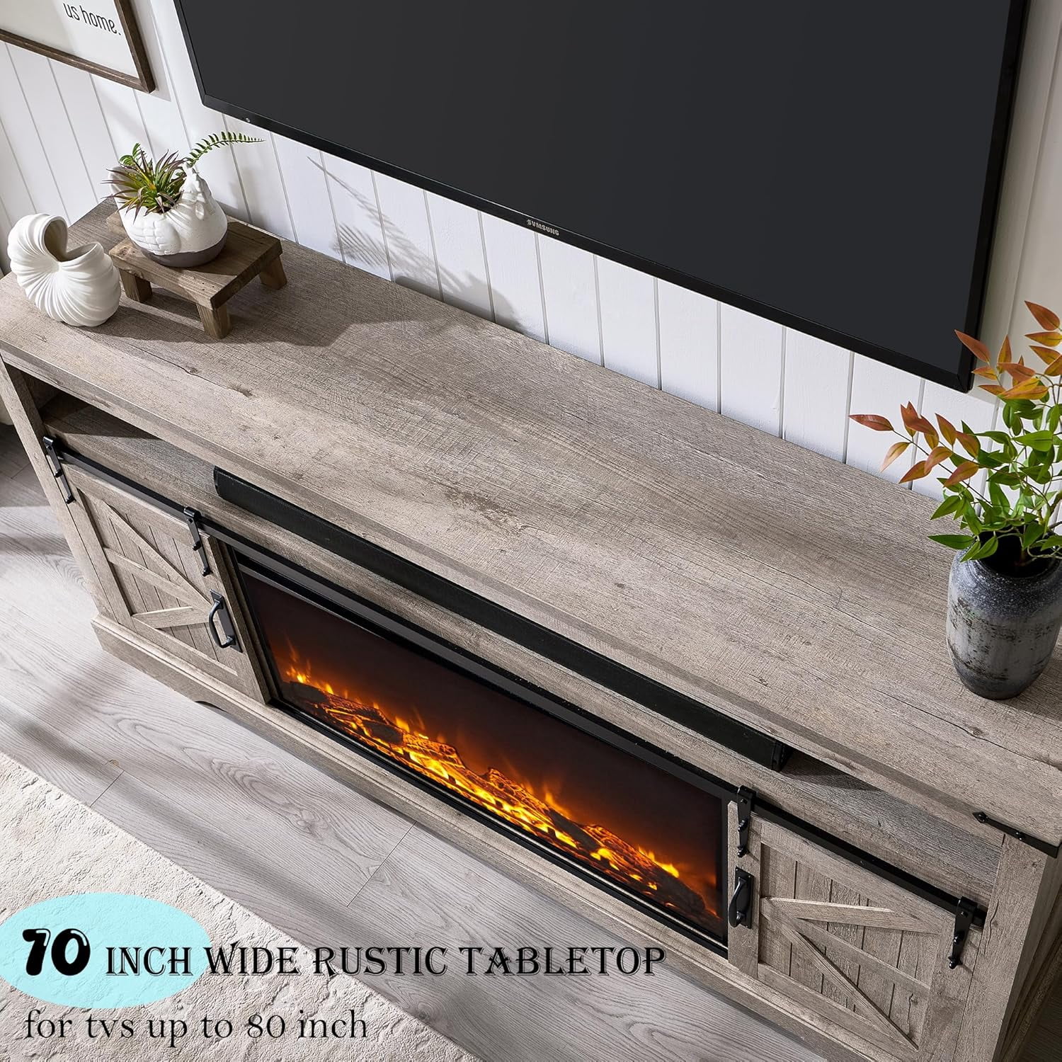 OKD Farmhouse Fireplace TV Stand for 80" TV, Highboy Entertainment Center with 36" Electric Fireplace, Media Console with Sliding Barn Door for Living Room, Light Rustic Oak