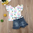 thumbnail image 3 of Bagilaanoe 2pcs Toddler Baby Girl Short Pants Set Flying Sleeve Print T Shirt Tops + Denim Shorts with Belt 1T 2T 3T 4T 5T 6T Kids Casual Summer Outfits, 3 of 8