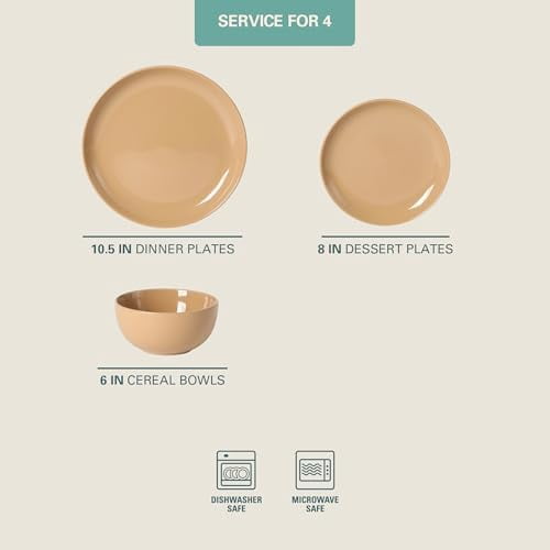 Rockaway 12-Piece Round Stoneware Dinnerware Set, Service for 4 – Beige Plates and Bowls, Modern Matte Finish, Microwave & Dishwasher Safe