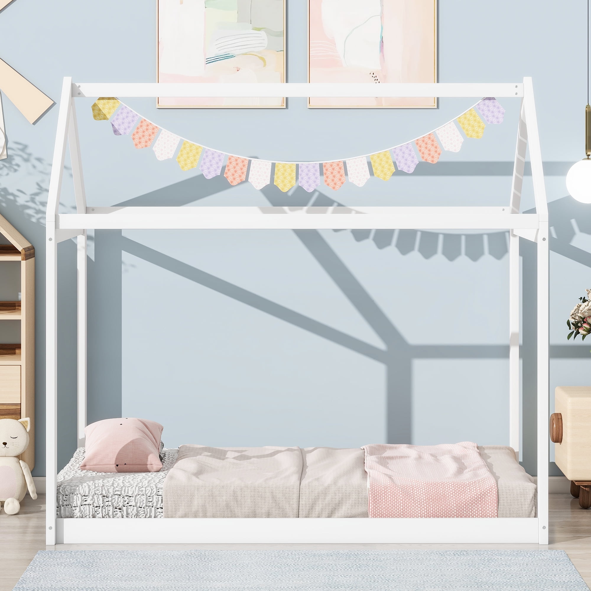 Euroco Twin Wood House Bed Frame with Roof, White