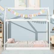 Euroco Twin Wood House Bed Frame with Roof, White