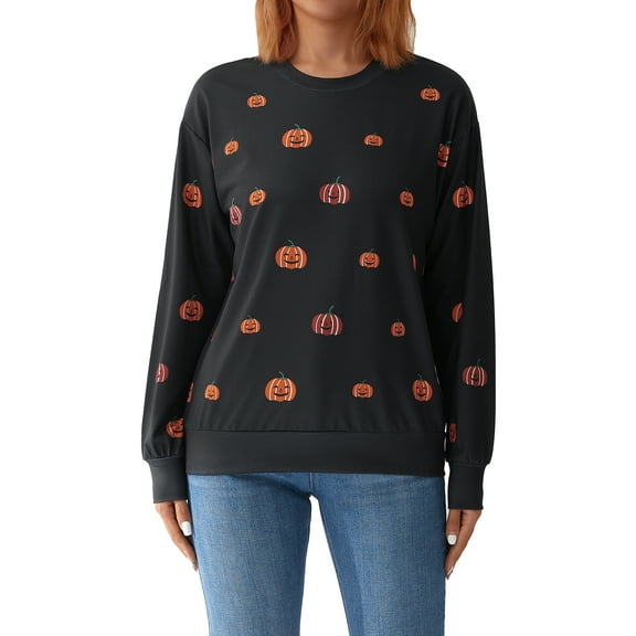 Michellecmm Halloween Women Pullover Sweatshirts Pumpkin Printed Casual Round Neck Long Sleeve Tops Autumn Streetwear