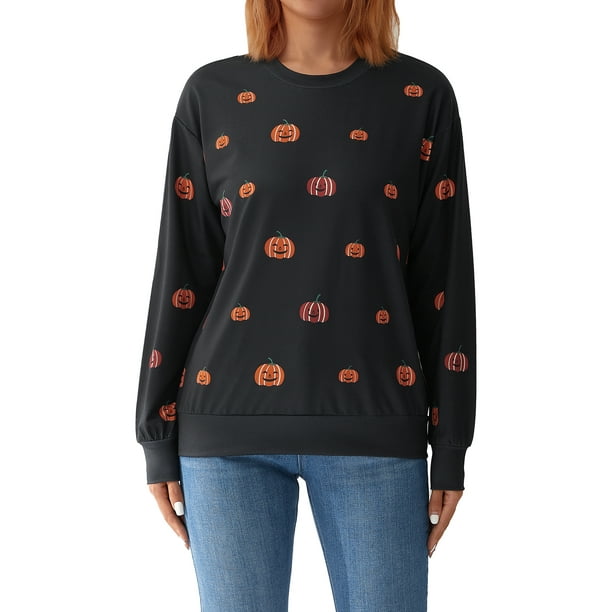 Txlixc Pullover femenino de Halloween, sudadera de calabaza impresa, blusa de manga larga de cuello redondo de ocio, ropa callejera de otoño Txlixc moda