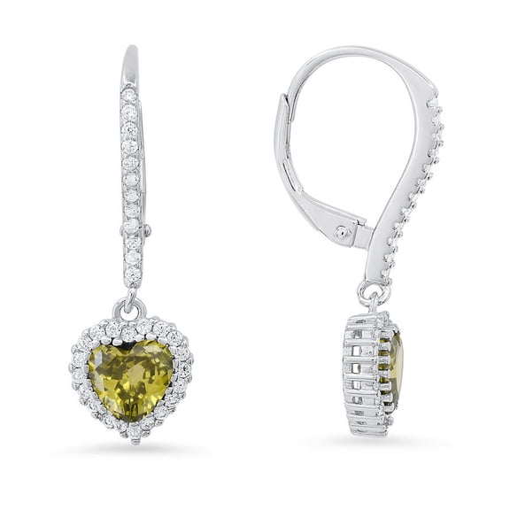 Kylie Harper Sterling Silver Heart-cut Peridot CZ Birthstone Halo Leverback Earrings