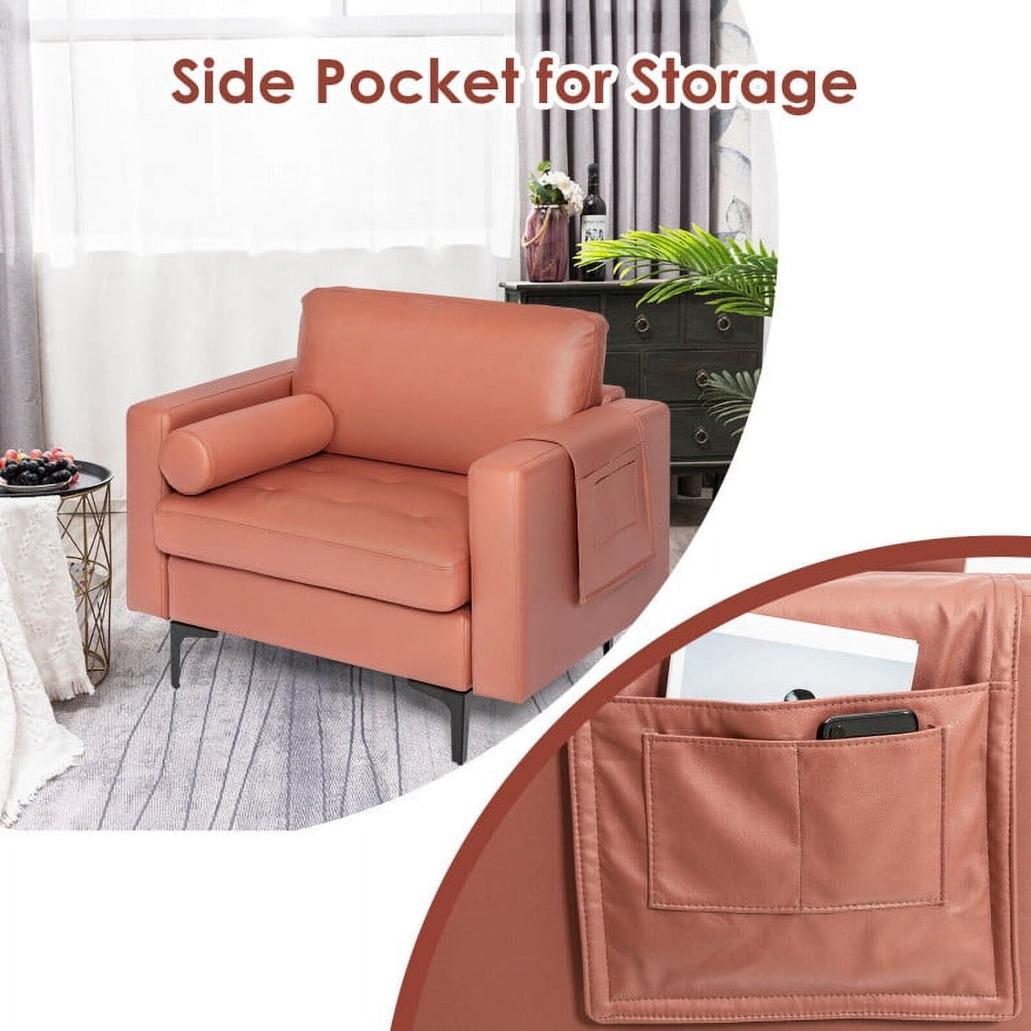 Finihen Upholstered Accent Chair, Modern Accent Chair with Bolster and Side Storage Pocket, for Living Room, Bedroom, Pink