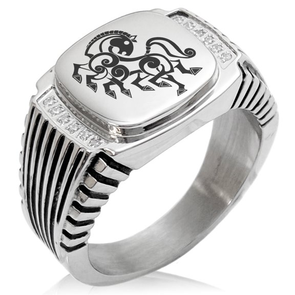 Stainless Steel Odin's Sleipnir Horse Viking Norse CZ Ribbed Needle Stripe Pattern Biker Style Polished Ring