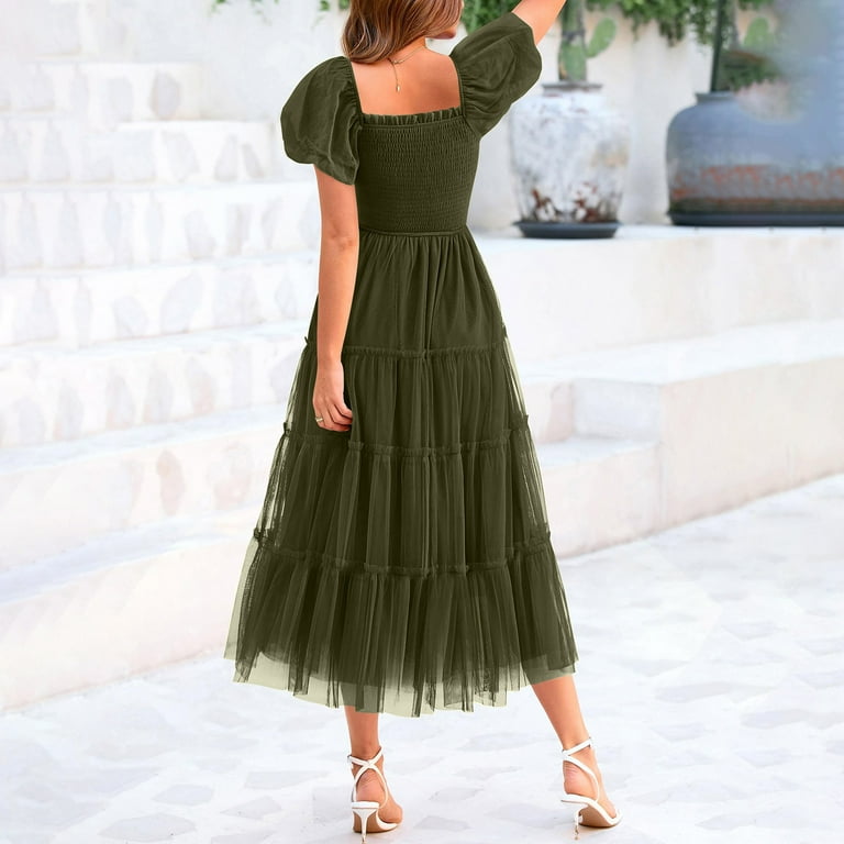 Ctreela Women's Flowy Smocked Midi Tulle Dress 2025 Summer Puffy Short Sleeve Square Neck Tiered Wedding Guest Party Dresses, Size: Small, White Ctreela Women's Flowy Smocked Midi Tulle Dress 2025 Summer Puffy Short Sleeve Square Neck Tiered Wedding Guest Party Dresses, Size: Small, White